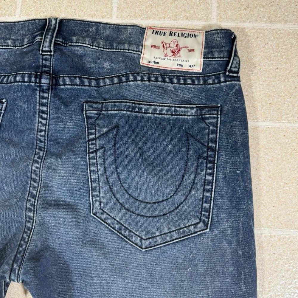True Religion Jeans Mens 42x32 Blue Rocco Relaxed Skinny Distressed Denim